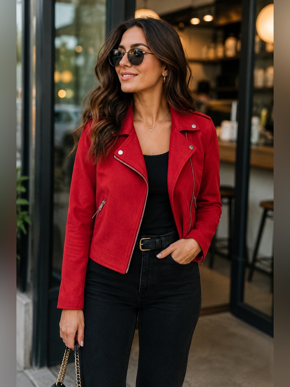 H&M Red Faux Suede Biker Jacket - Size US 2